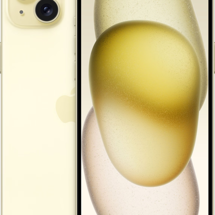 iPhone 15 Plus voor- en achterkant geel